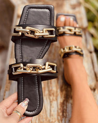 Metallic Chain Patch Open-toe Flat Sandals Newgew