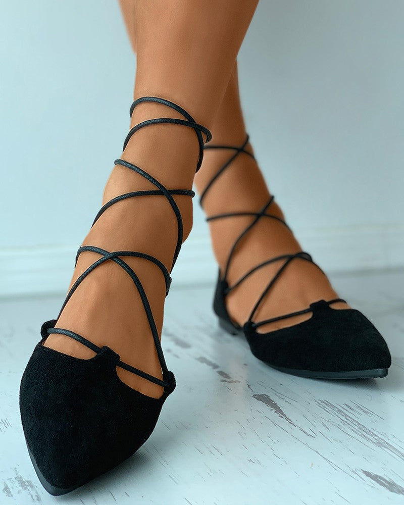 Pointed Toe Suede Strappy Slip-On Flats Newgew