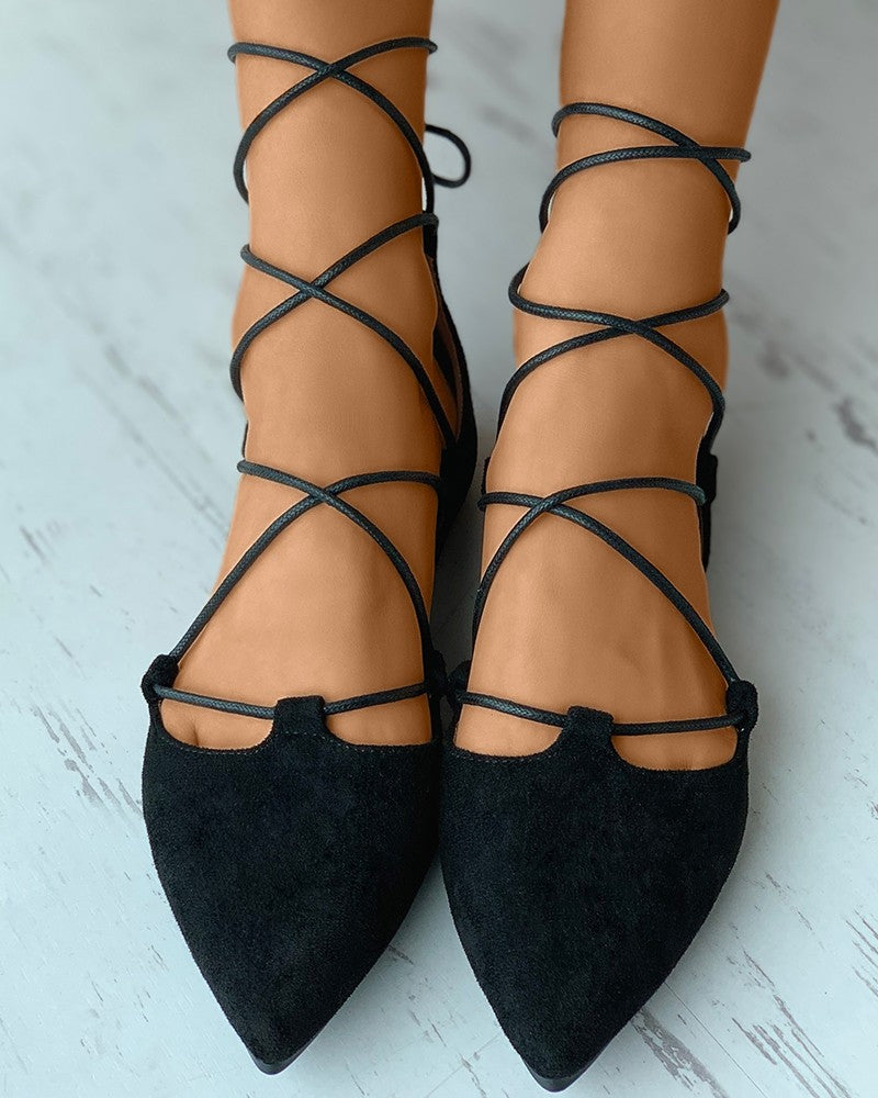 Pointed Toe Suede Strappy Slip-On Flats Newgew