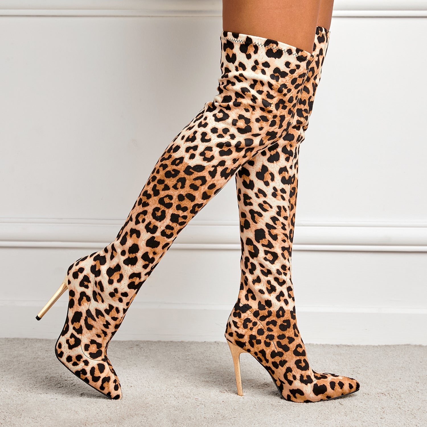 Leopard Pattern Point Toe Stiletto Heeled Suede Sock Boots Newgew
