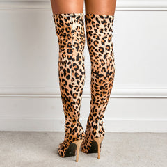 Leopard Pattern Point Toe Stiletto Heeled Suede Sock Boots Newgew