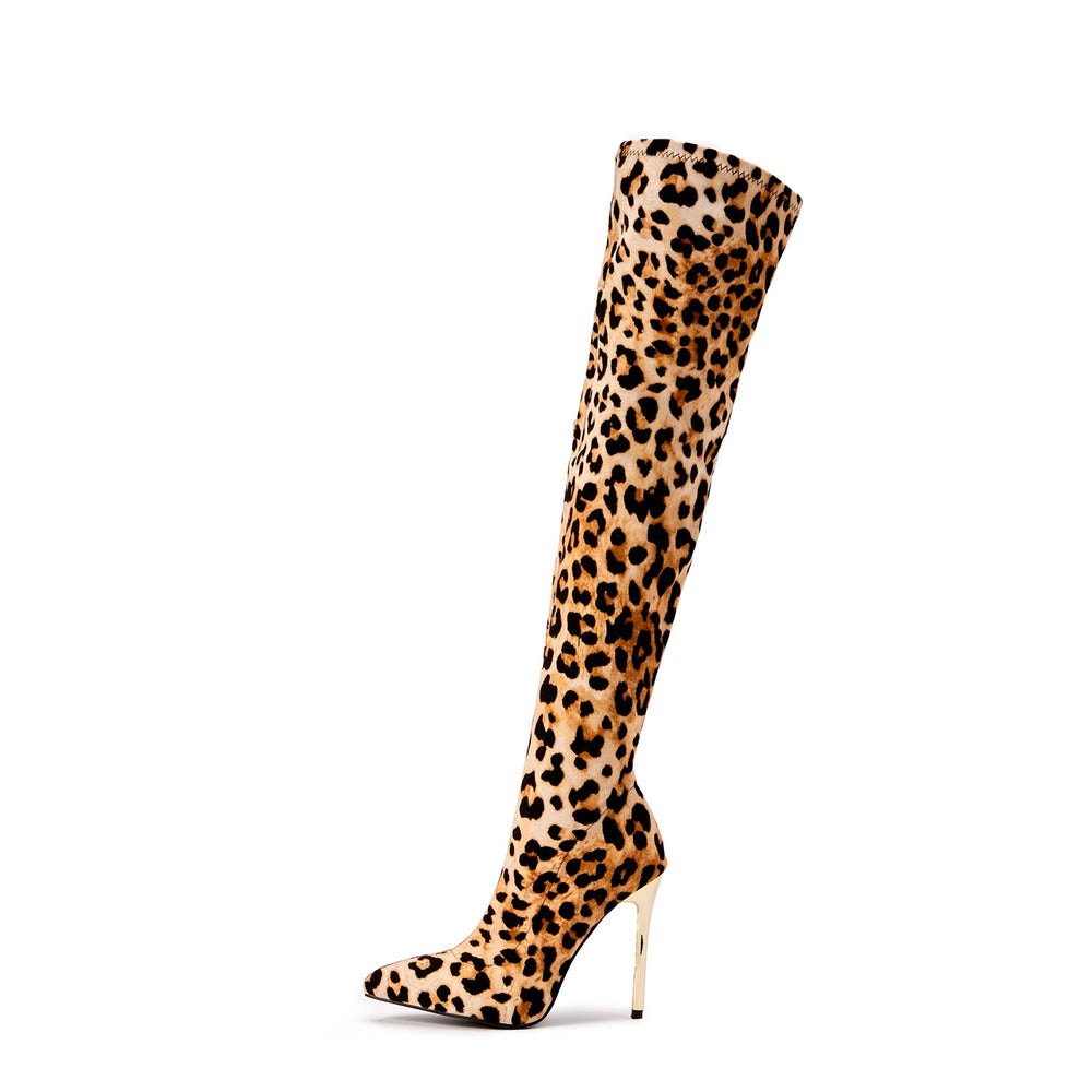 Leopard Pattern Point Toe Stiletto Heeled Suede Sock Boots Newgew