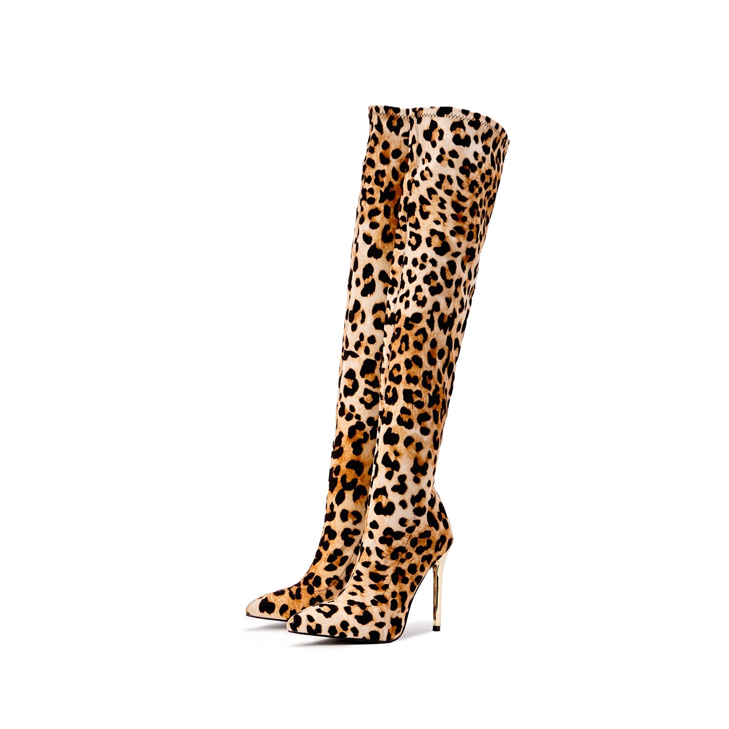 Leopard Pattern Point Toe Stiletto Heeled Suede Sock Boots Newgew