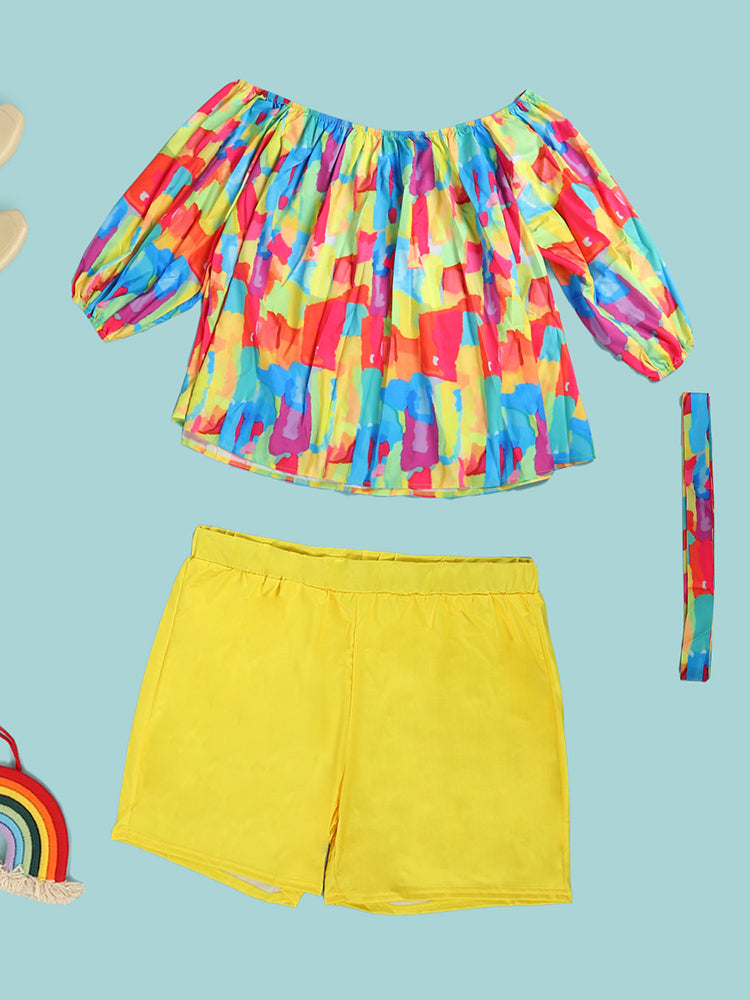 Off-Shoulder Printed Top and Solid Shorts Newgew