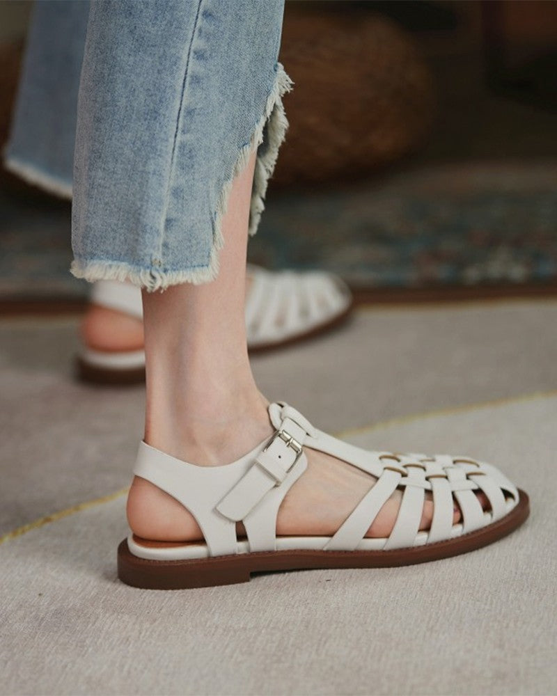 Solid Cut-out Roman Round -toe Flat Sandals Newgew