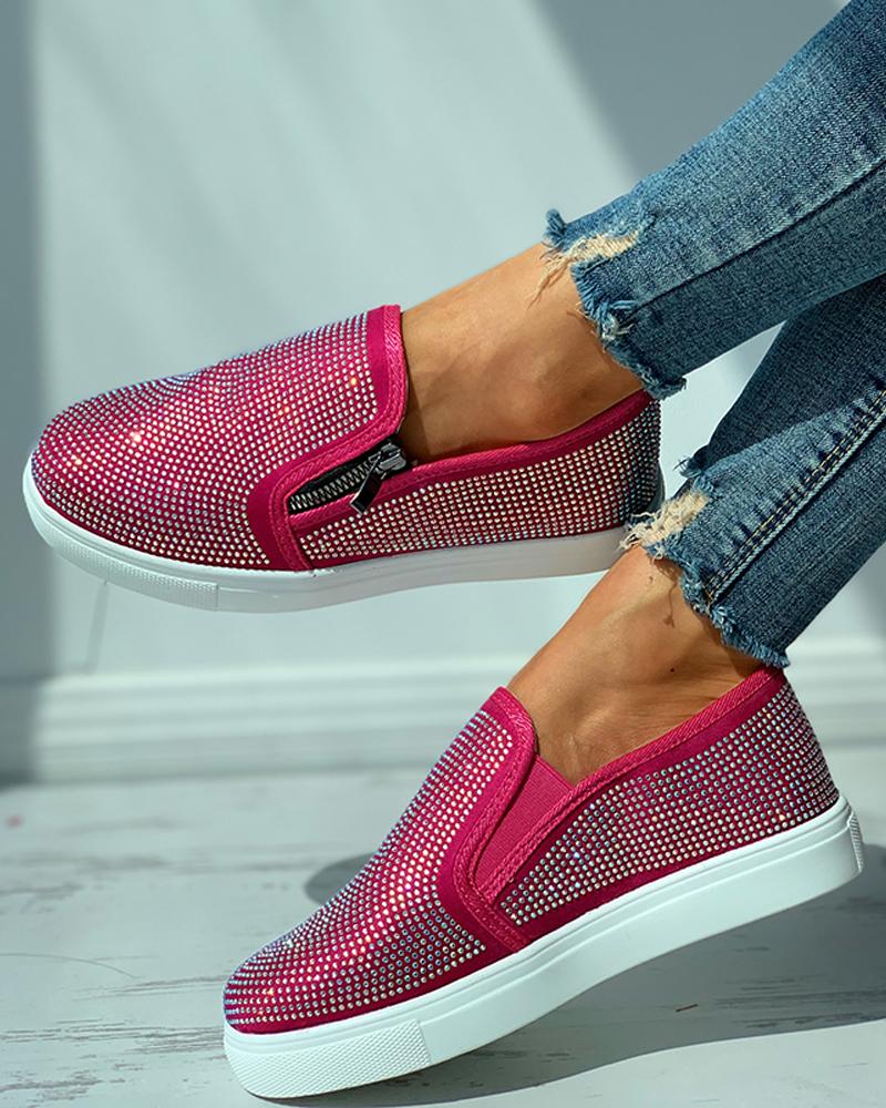 Studded Zipper Design Close Toe Casual Shoes Newgew