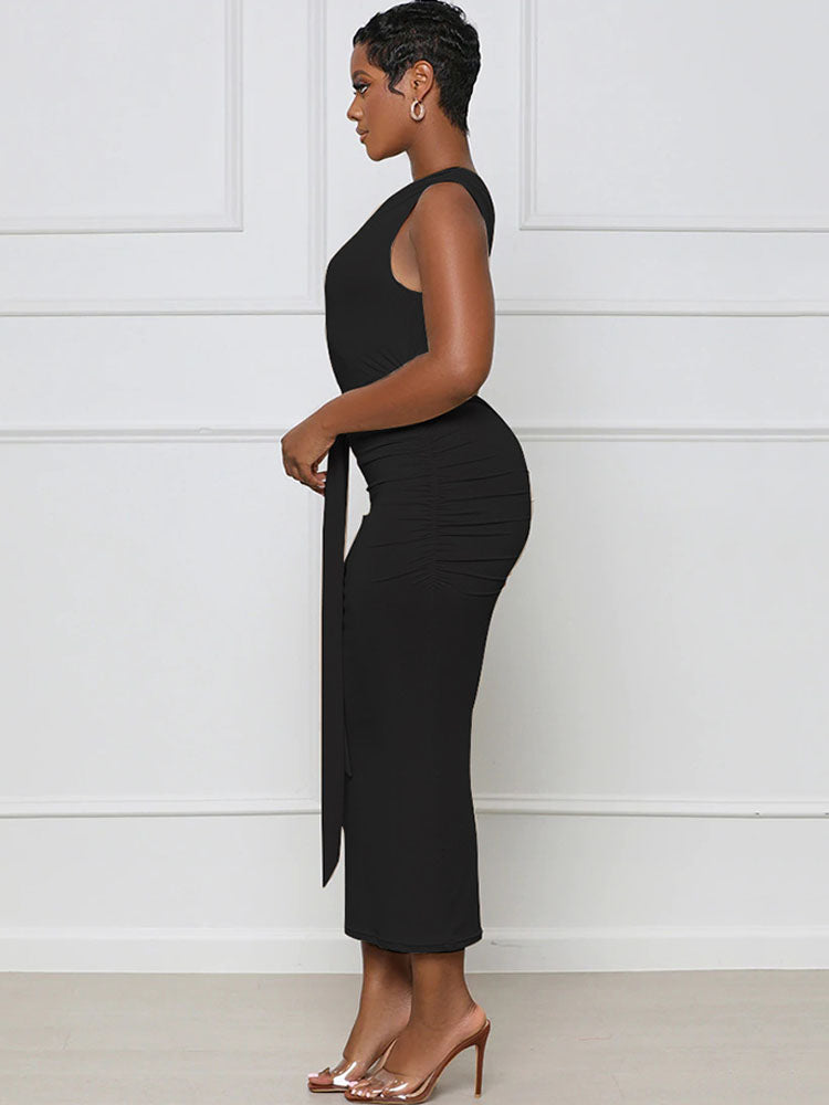 One Shoulder Belted Bodycon Midi Dresses Newgew