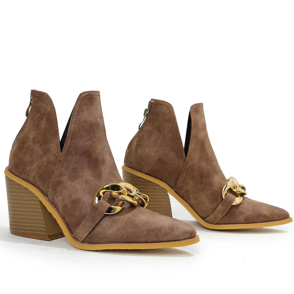 Chunky Heel Pointed Toe Chain Boots Newgew