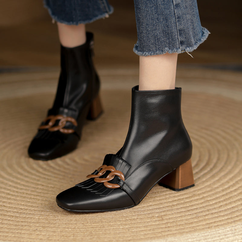 Elena Square Toe Ankle Boots with Chain NEW GEW
