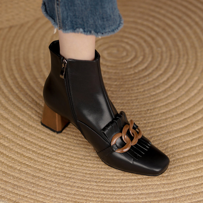 Elena Square Toe Ankle Boots with Chain NEW GEW