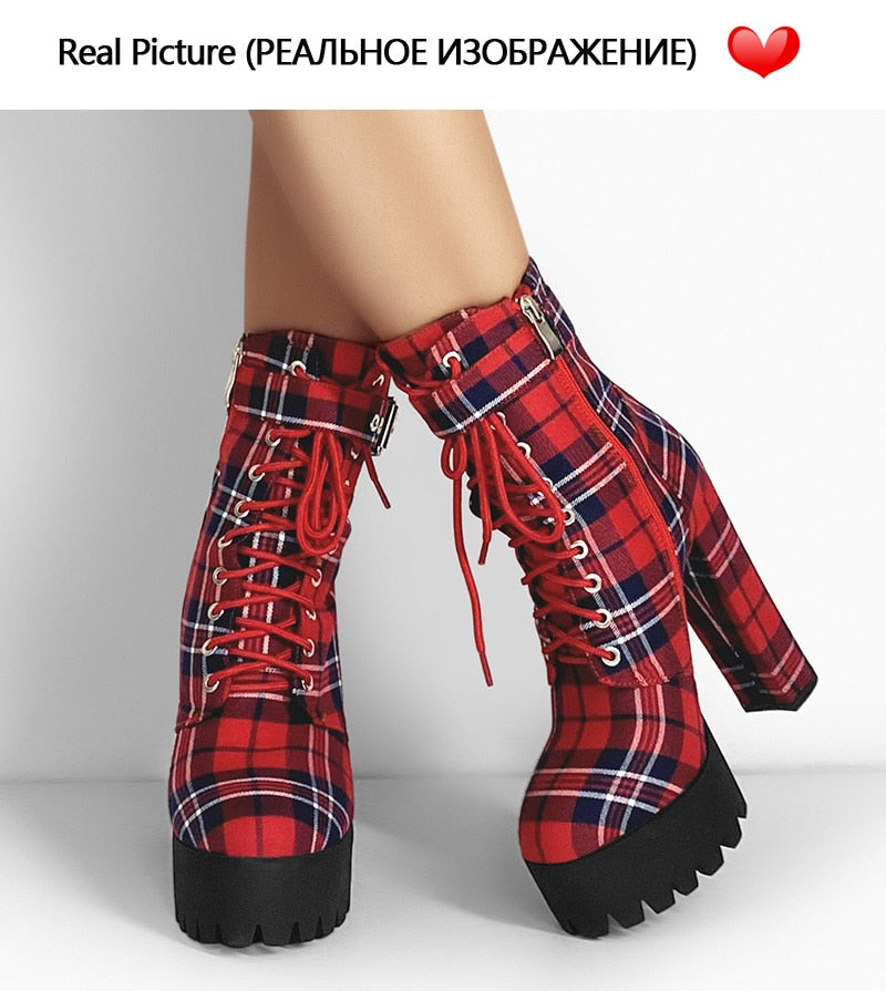 Chunky Red Plaid Boots Newgew