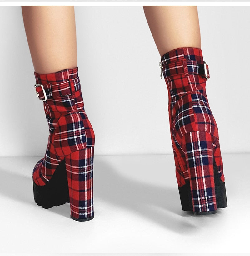 Chunky Red Plaid Boots Newgew