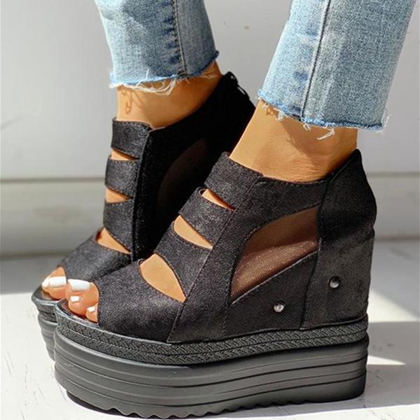 Side Zipper Peep Toe Patchwork Platform Sandals Pairmore