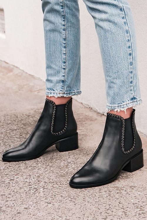 Leather Elastic Studded Ankle Boots Newgew