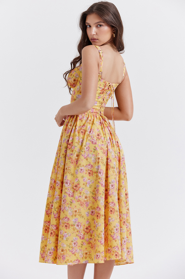 Tatiana Yellow Floral Print Midi Dress Newgew