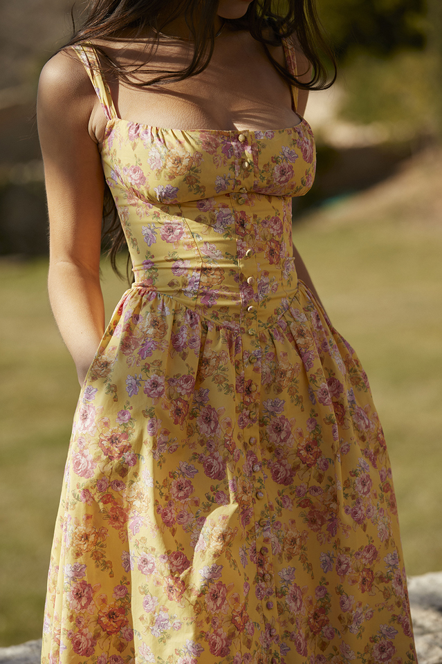 Tatiana Yellow Floral Print Midi Dress Newgew