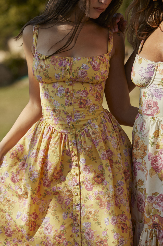 Tatiana Yellow Floral Print Midi Dress Newgew