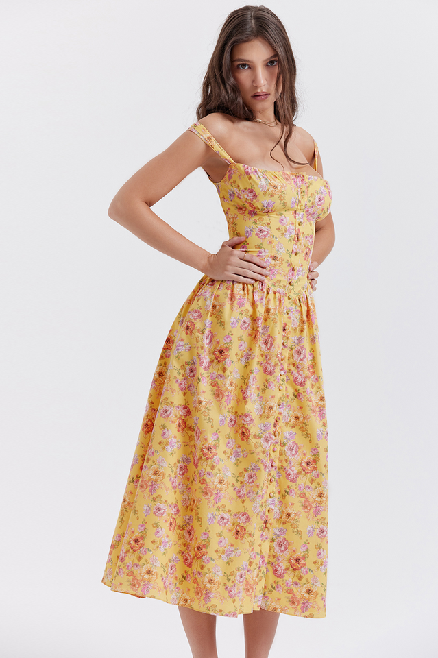 Tatiana Yellow Floral Print Midi Dress Newgew