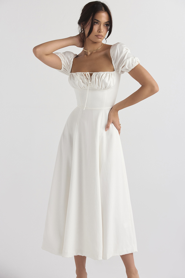 Tallulah White Puff Sleeve Midi Dress Newgew