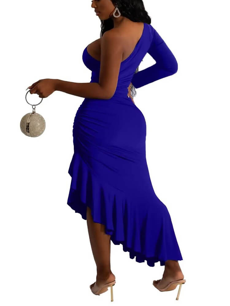 One Shoulder Cutcut High Low Ruffle Hem Maxi Dresses Newgew