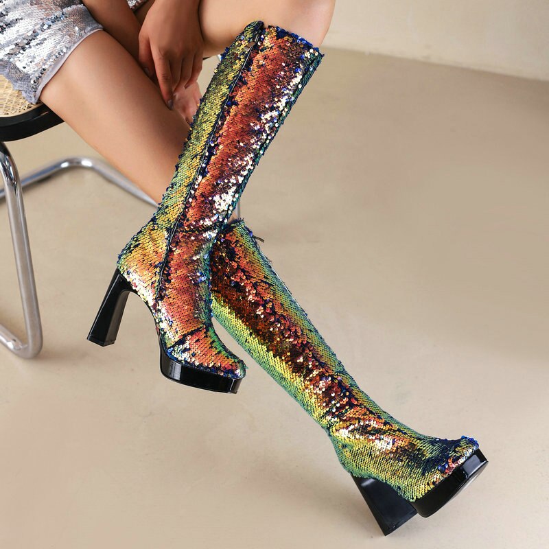 Ladies Sequin Knee-High Boots Newgew