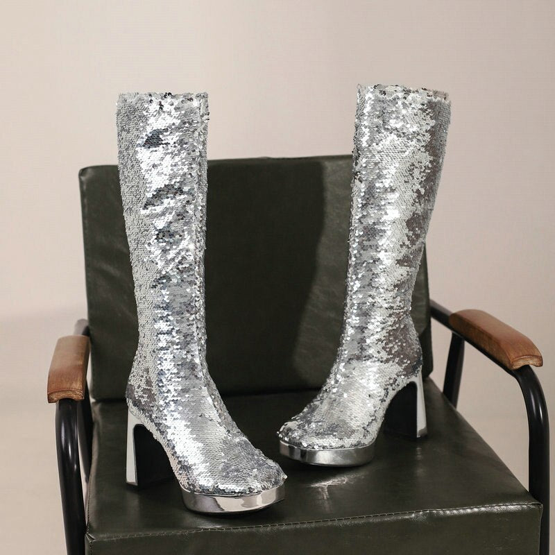 Ladies Sequin Knee-High Boots Newgew