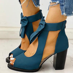Peep Toe Mesh Insert Bowknot Chunky Heeled Sandals Pairmore