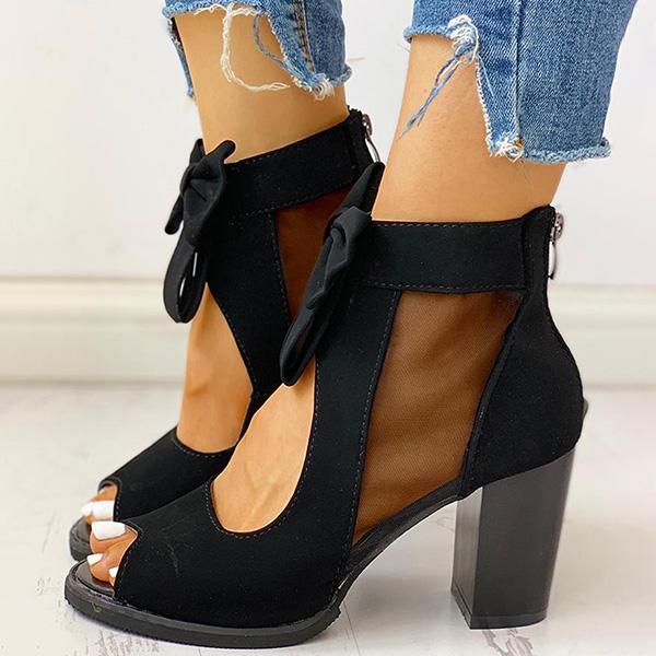 Peep Toe Mesh Insert Bowknot Chunky Heeled Sandals Pairmore
