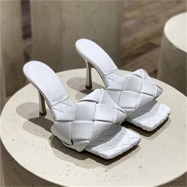 Square Open Toe Heeled Woven Leather Mule Slip On Quilted High Heels Pairmore