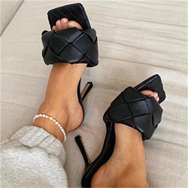 Square Open Toe Heeled Woven Leather Mule Slip On Quilted High Heels Pairmore