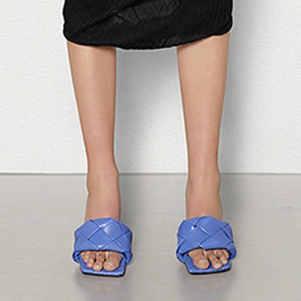Square Open Toe Heeled Woven Leather Mule Slip On Quilted High Heels Pairmore