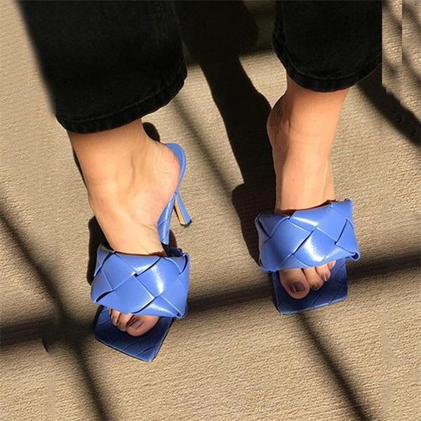 Square Open Toe Heeled Woven Leather Mule Slip On Quilted High Heels Pairmore
