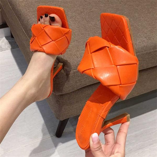 Square Open Toe Heeled Woven Leather Mule Slip On Quilted High Heels Pairmore