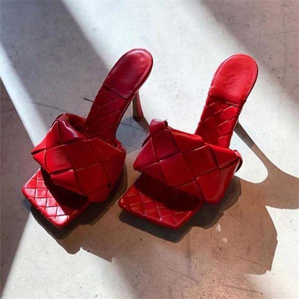 Square Open Toe Heeled Woven Leather Mule Slip On Quilted High Heels Pairmore