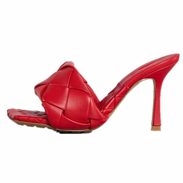 Square Open Toe Heeled Woven Leather Mule Slip On Quilted High Heels Pairmore