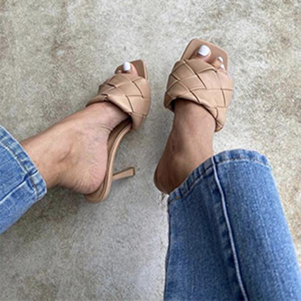Square Open Toe Heeled Woven Leather Mule Slip On Quilted High Heels Pairmore