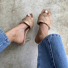 Square Open Toe Heeled Woven Leather Mule Slip On Quilted High Heels Pairmore