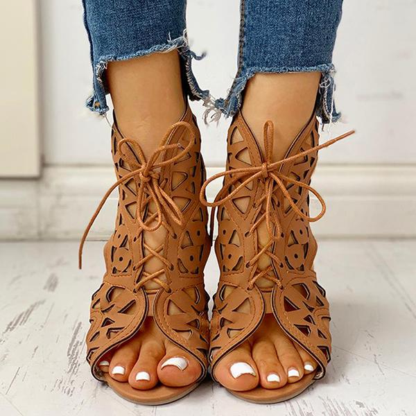 Hollow Out Lace-Up Pu Wedge Sandals Pairmore