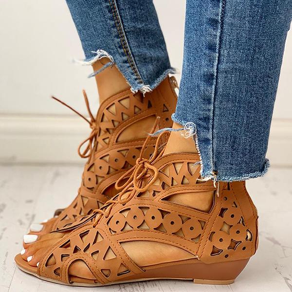 Hollow Out Lace-Up Pu Wedge Sandals Pairmore