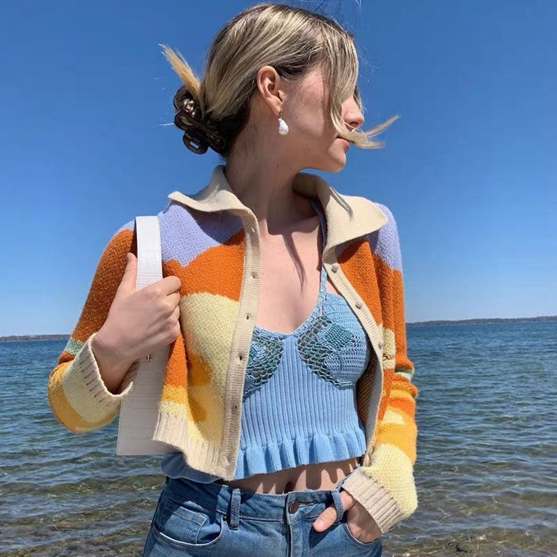 Abstract Sunset Pattern Collared Long Sleeve Cropped Cardigan - Orange Newgew
