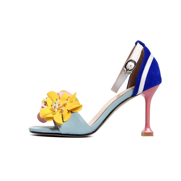 Handmade Ankle Strap Heeled Sandals with Flower Decoration Newgew