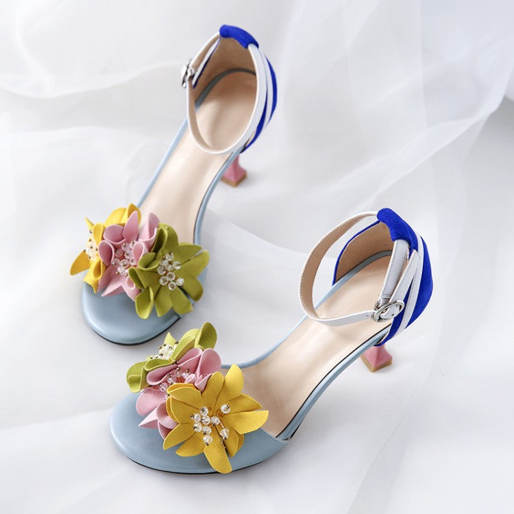 Handmade Ankle Strap Heeled Sandals with Flower Decoration Newgew