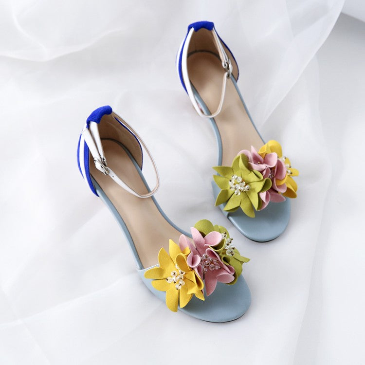 Handmade Ankle Strap Heeled Sandals with Flower Decoration Newgew