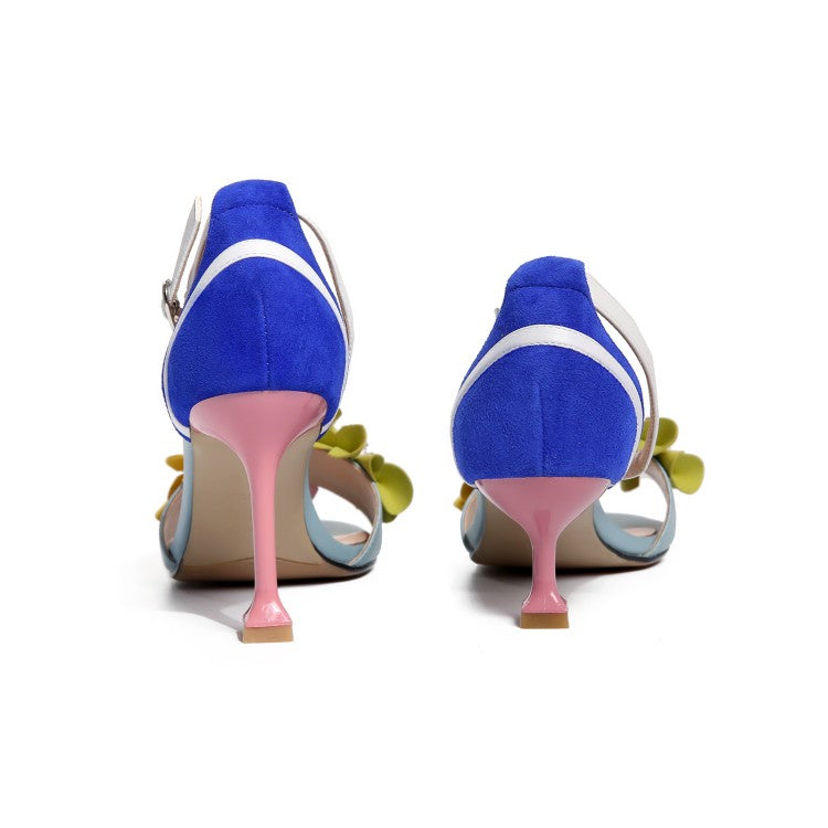 Handmade Ankle Strap Heeled Sandals with Flower Decoration Newgew