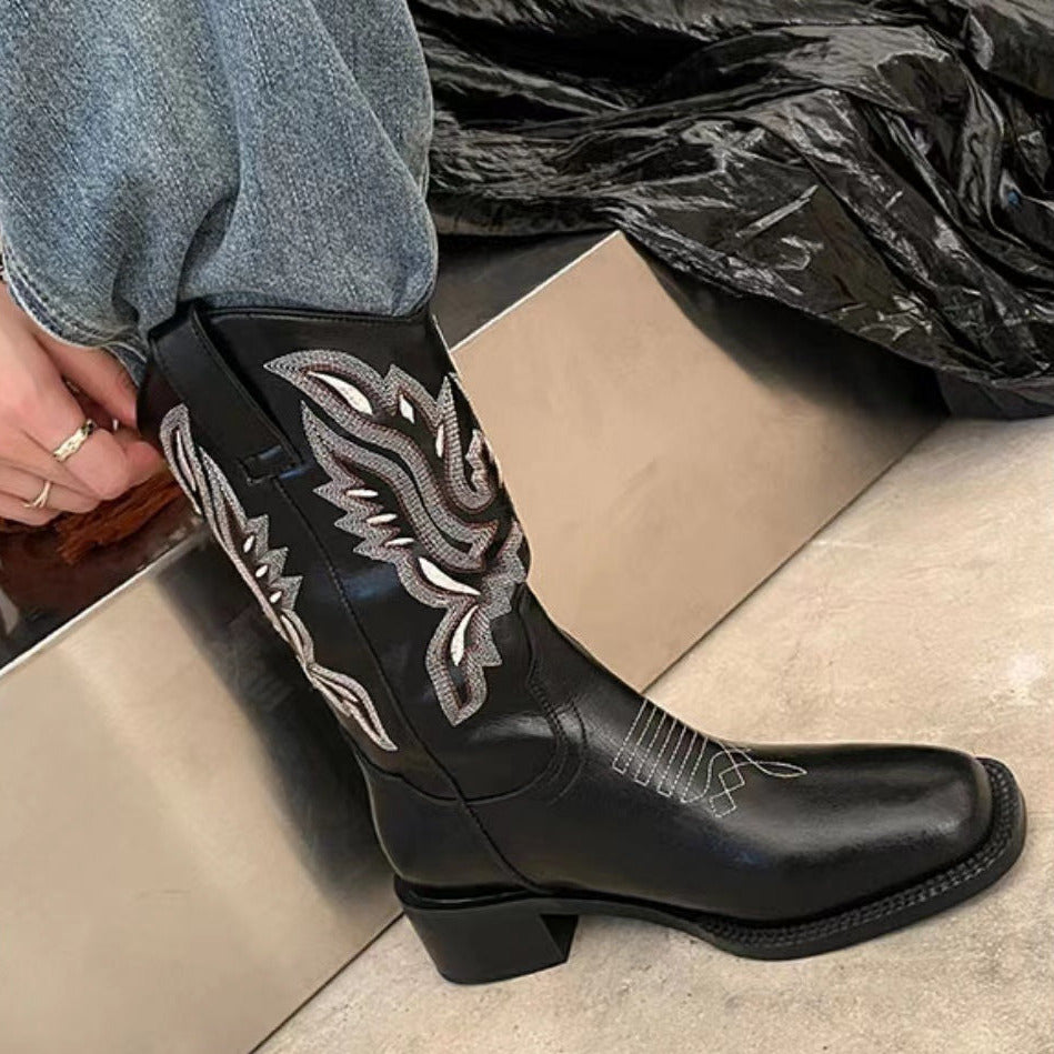 Retro Square Toe Western Cowboy Boots Newgew