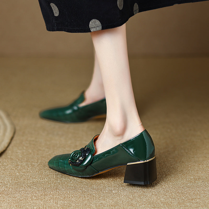 Iona Emerald Green Crocodile Floral Loafer Heels Newgew