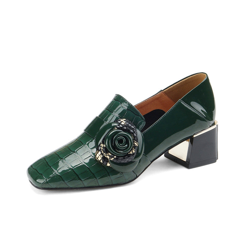Iona Emerald Green Crocodile Floral Loafer Heels Newgew