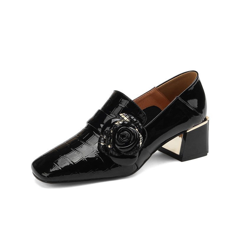 Iona Crocodile Floral Loafer Heels Black Newgew