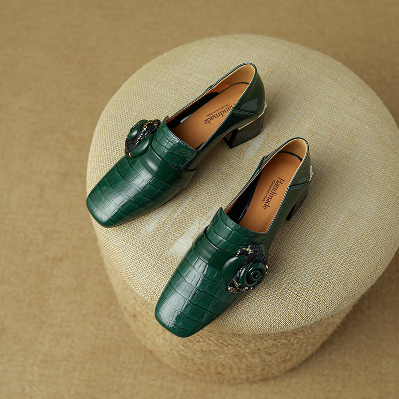 Iona Emerald Green Crocodile Floral Loafer Heels Newgew