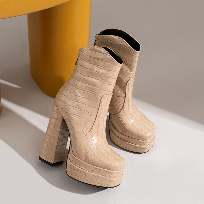 Gabby Embossed Leather Nude Ankle Boots Newgew